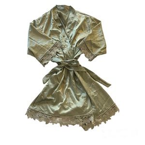 Satin Robe with Lace Detail in Sage Green